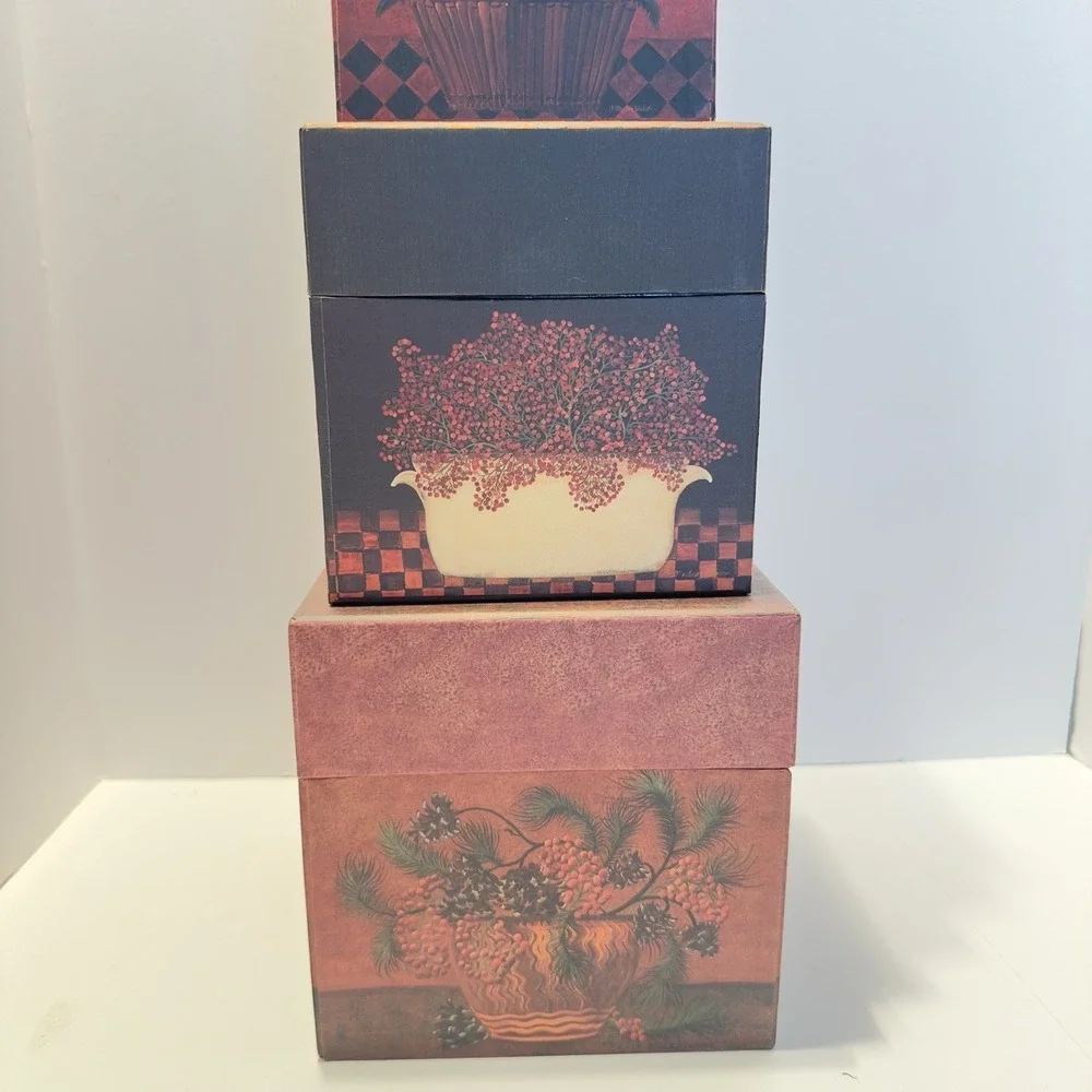 VTG Bob's Boxes Fruits & Flowers Nesting Boxes set of 5 w Lids Festive primative